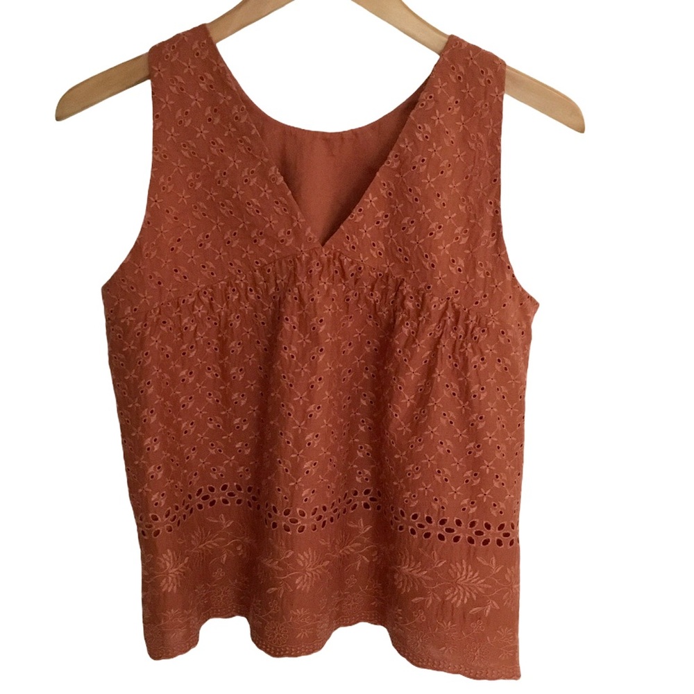LOFT Eyelet Lace Sleeveless 100% Cotton Top Burnt Orange SP - Picture 2 of 5